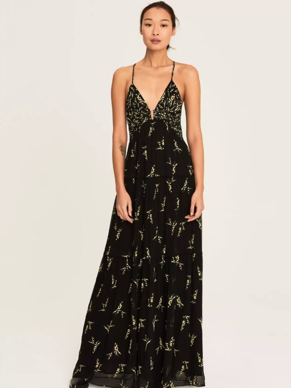 ba&sh Masha Black & Yellow Floral Sleeveless Maxi Dress Size 0